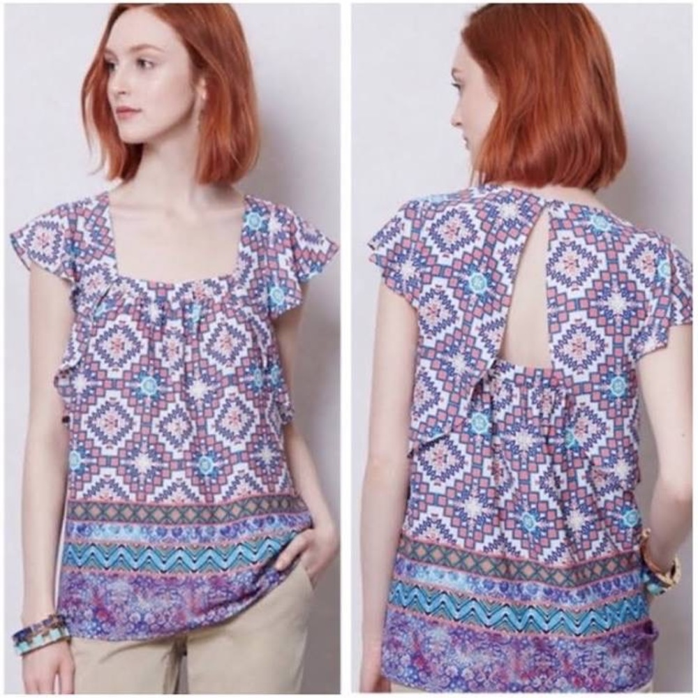 Anthropologie meadow rue blouse geometric design feminine flutter sleeves